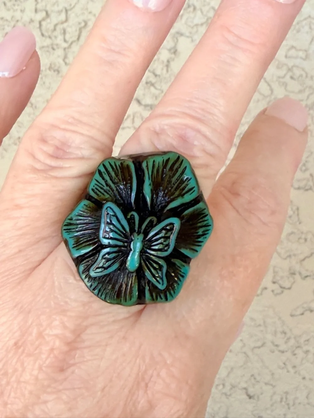 Chunky Acrylic Green Floral Butterfly Statement Ring